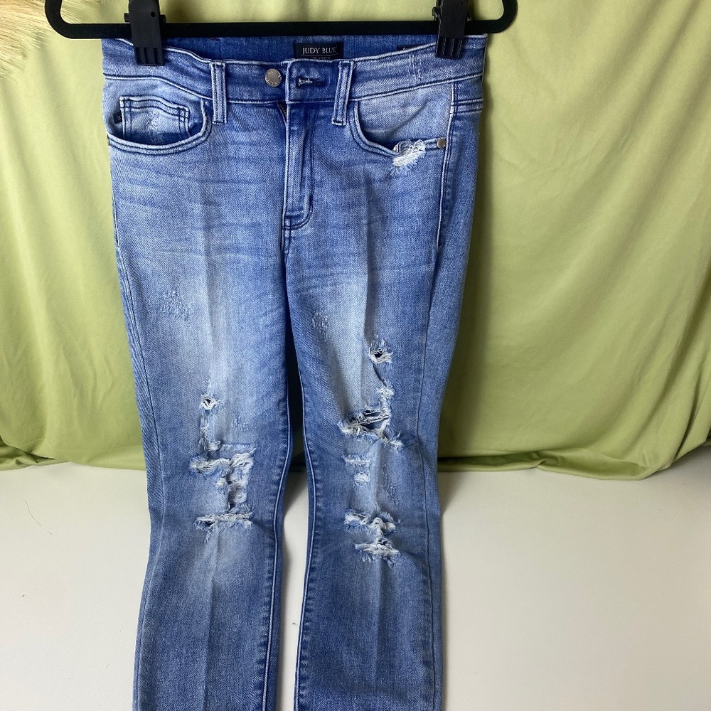 Judy Blue Skinny Fit Jeans Womens Size 5 27 Light Wash Distressed Frayed Hem Str